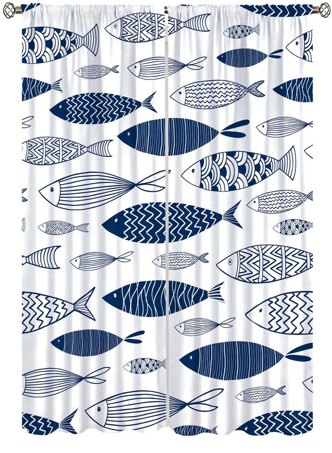 YCness Abstract Nautical Fish Curtains Rod Pocket Geometric Figure Window Treatments for Kitchen Living Room Vintage Watercolor Blue Cartoon Fish Window Drapes,2 Panels 42x45 Inch - Image 1